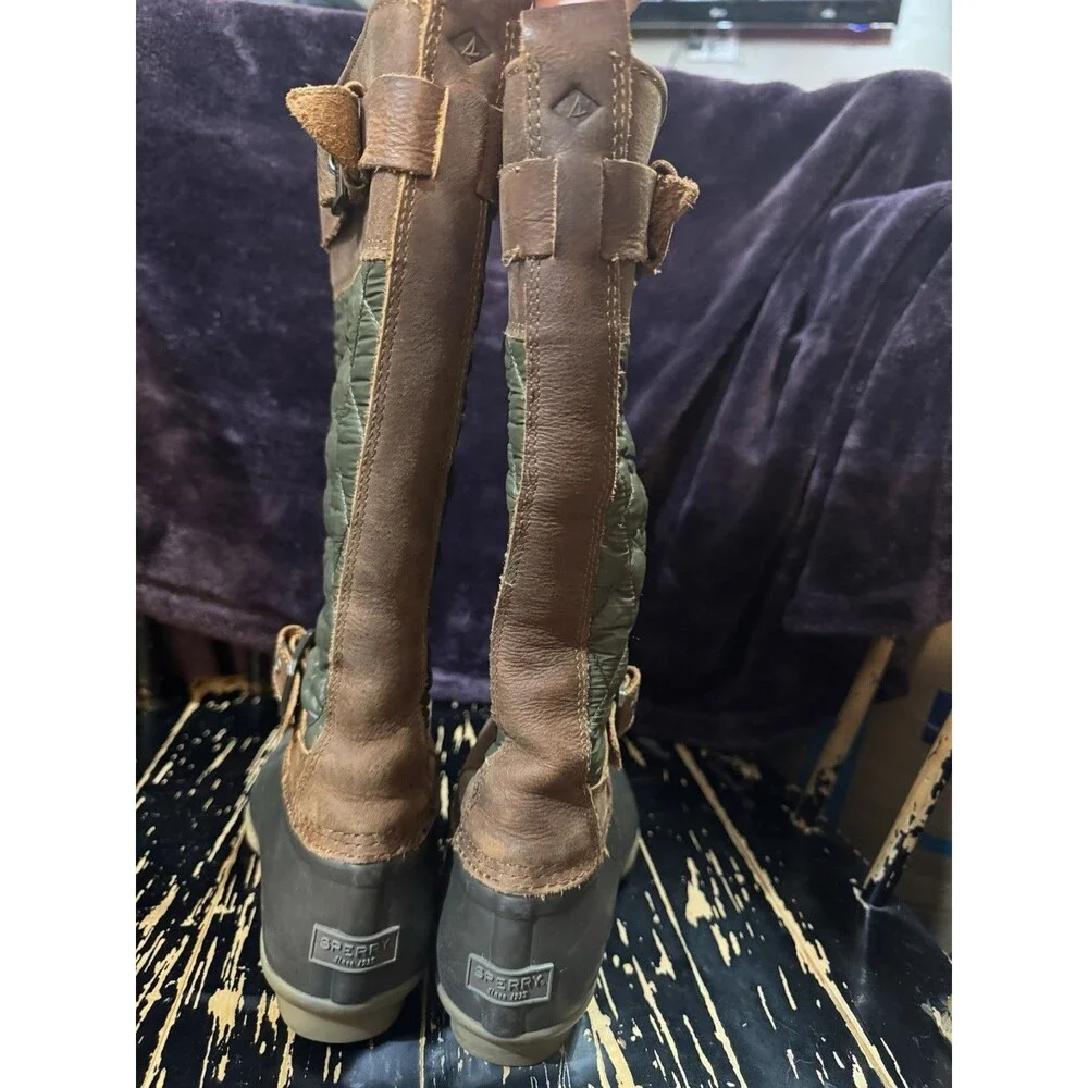 Sperry Duck Boots Womens 7.5 Brown Olive Quilted Waterproof Rain Tall Saltwater